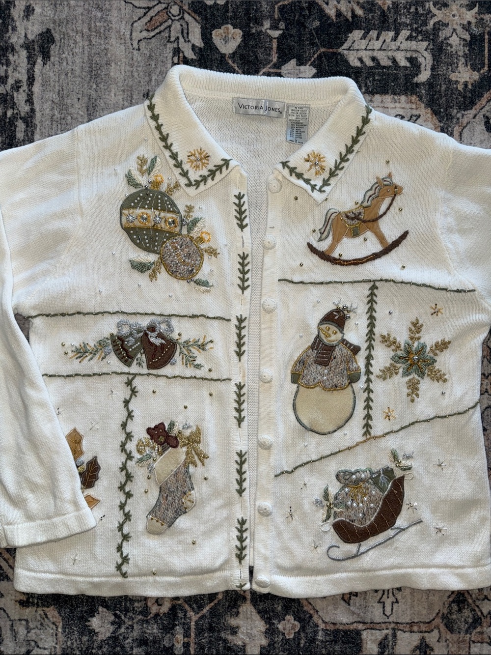 Vintage Victoria Jones Cream Embroidered Beaded Christmas Holiday Cardigan
